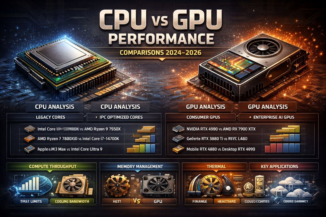 CPU and GPU benchmark comparison chart showing real performance data for AI training, GIS mapping, and gaming workloads from 2024 to 2026