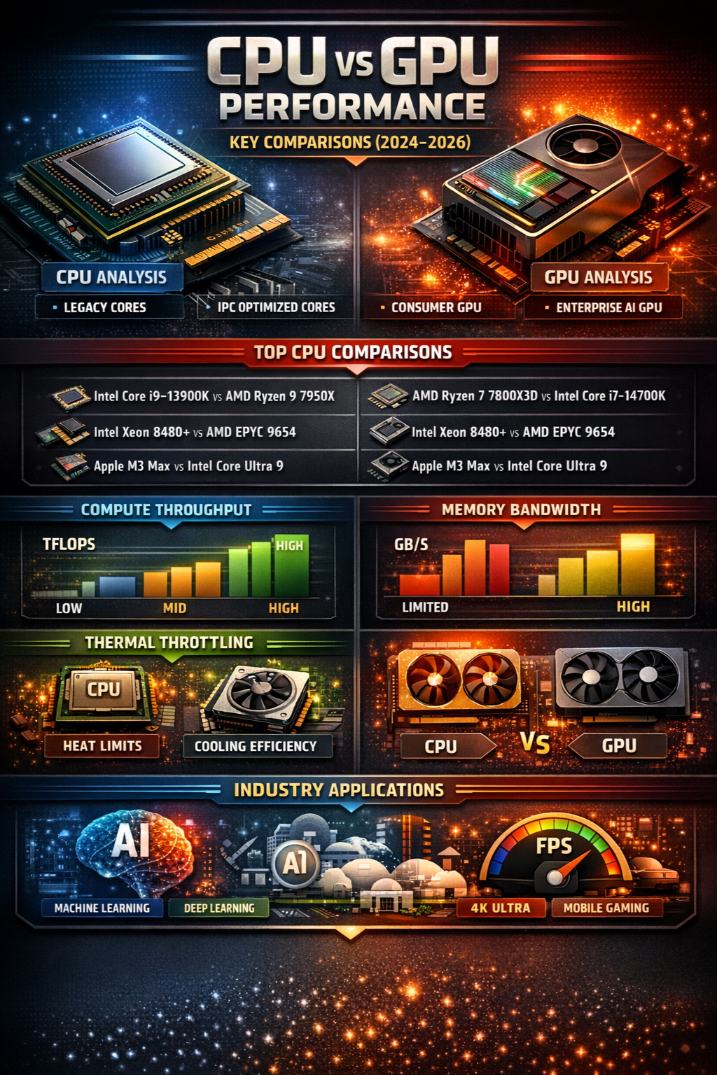 Infographic showing CPU and GPU benchmark performance across AI machine learning, GIS topography mapping, gaming, and office productivity workloads